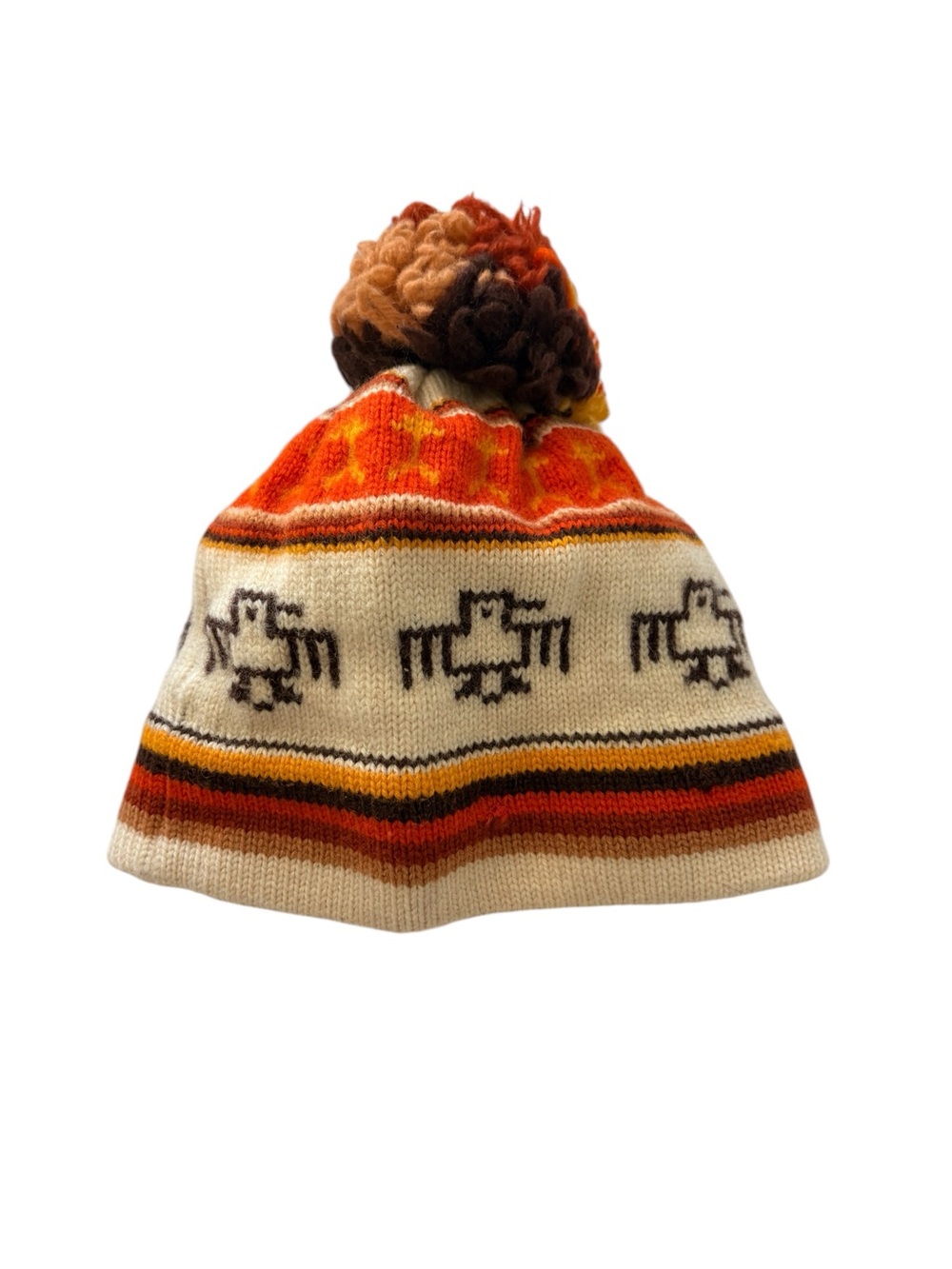 Vintage 1970s-1980s Ski Beanie Owl Knit Pom Pom Hat Groovy Orange Retro